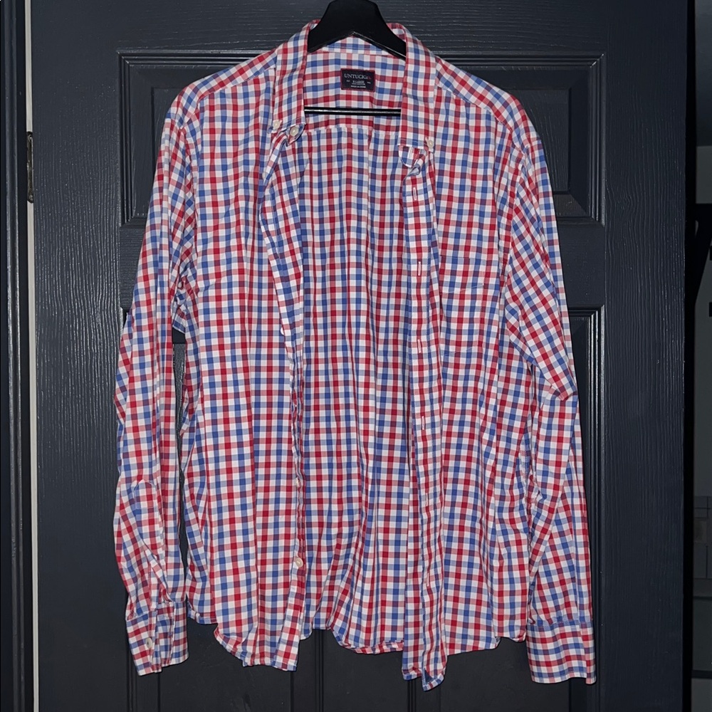 UNTUCKit Men's XL Red Blue White Plaid Long Sleeve Button Up Shirt EUC